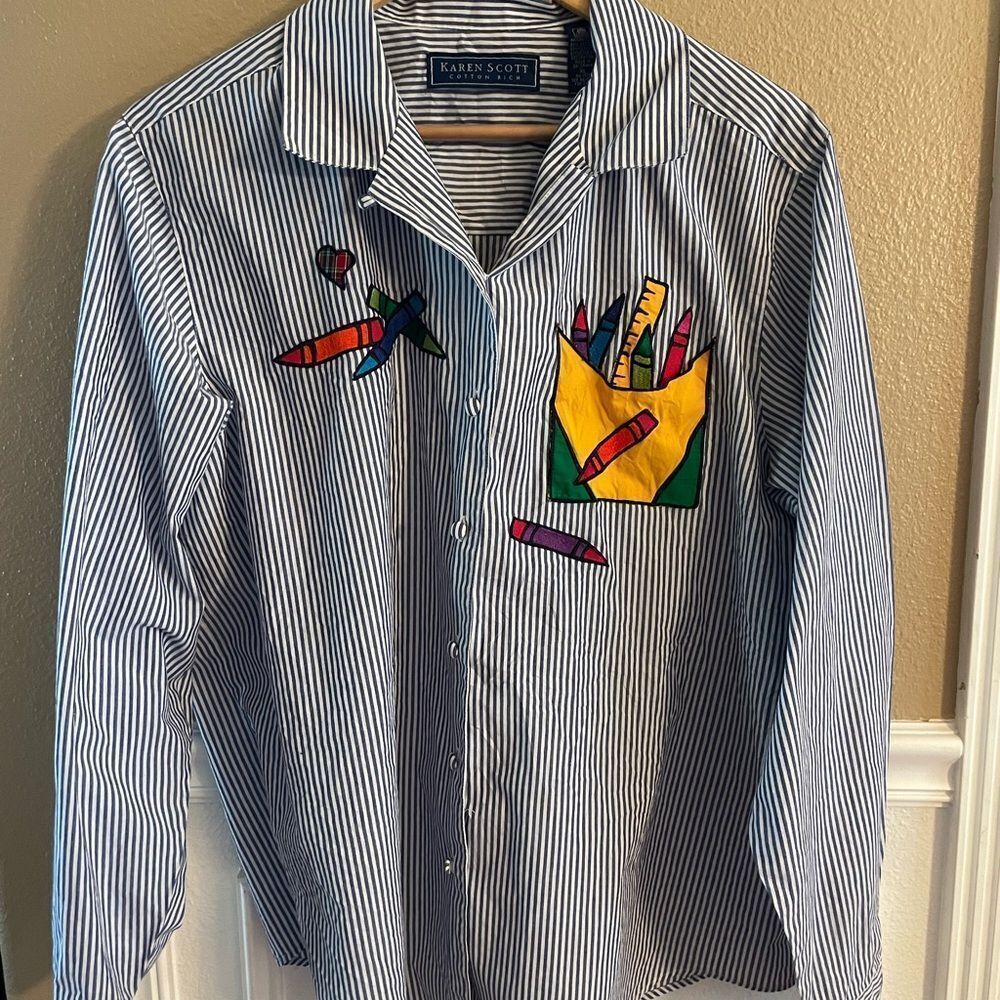 Karen Scott 90’s Crayon Embroidered Blue and White Long Sleeved Womens Shirt